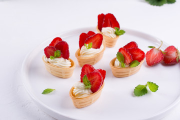 Sweet homemade healthy dessert with cream cheese  and strawberries