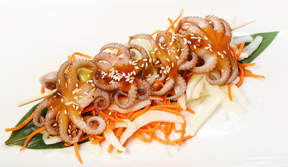 mini kebabs on skewer with mini-octopuses and leek, served in Teriyaki sauce, with Beijing cabbage, carrots and sesame