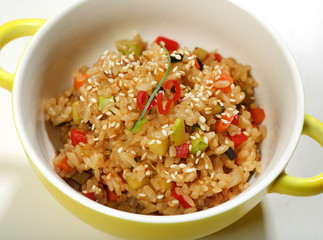 Rice with seafood (zucchini, eggplant, onion, carrot, bell pepper, sesame, soy sauce)