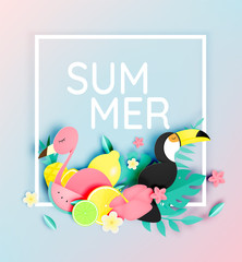 Naklejka premium Tropical floral with flamingo and toco toucan in paper art style and pastel color scheme