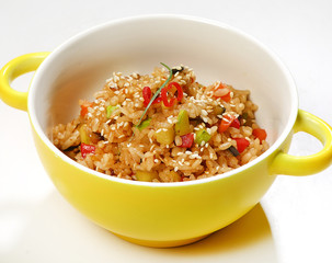 Rice with seafood (zucchini, eggplant, onion, carrot, bell pepper, sesame, soy sauce)