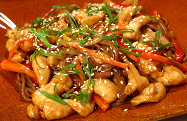 Wok noodles with chicken and stewed sweet pepper