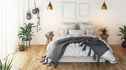 Modern bedroom, render 3d - obrazy, fototapety, plakaty