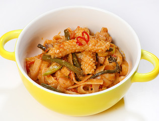 Udon with seafood (Udon noodles with seafood, fern, zucchini, bell pepper, with sauce)