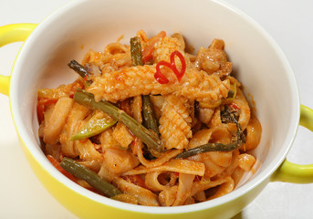 Udon with seafood (Udon noodles with seafood, fern, zucchini, bell pepper, with sauce)