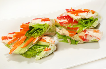 Pancakes with vegetables and chicken in rice paper