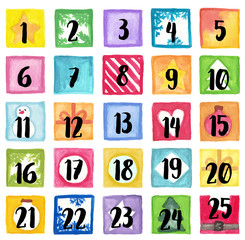 Vector illustration Christmas advent calendar of watercolor paint. Set watercolor elements