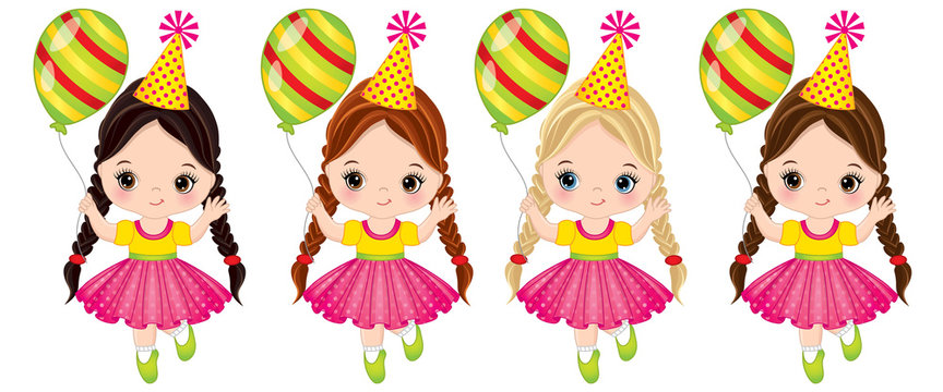 Vector Cute Little Girls with Balloons