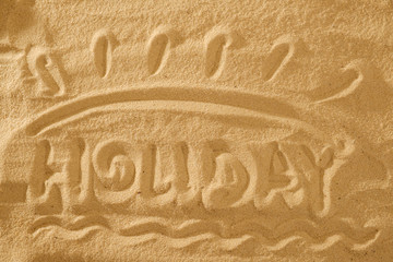 Word Holiday. Summer in the sand. Sun symbol sign.