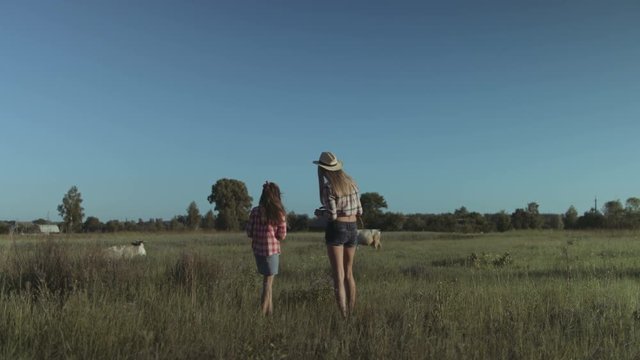 Cheerful beautiful mother and adorable girl walking in summer field at sunset and collecting wild flowers during vacation in countryside over awesome rural natural background.