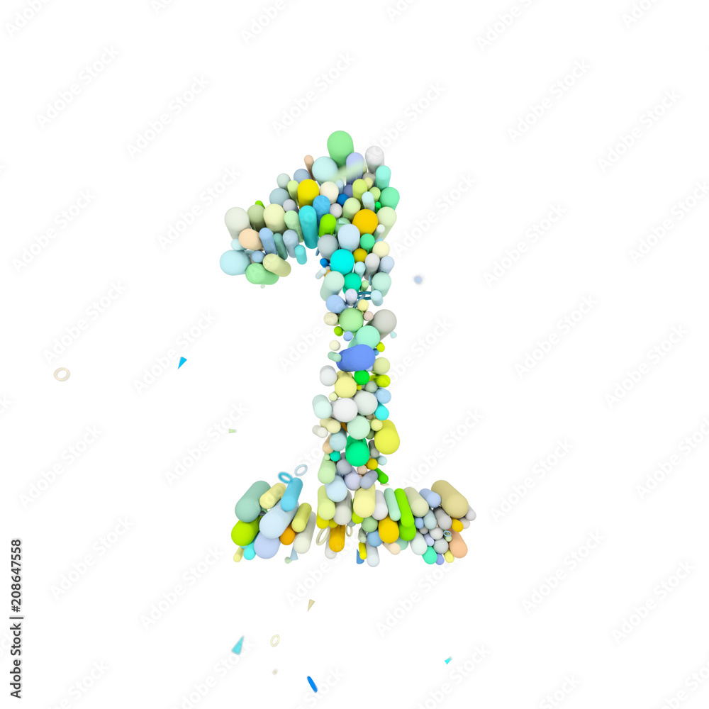 Fototapete alphabet number 1. funny font made of plastic geometric shapes. 3d render isolated on white backgrou
