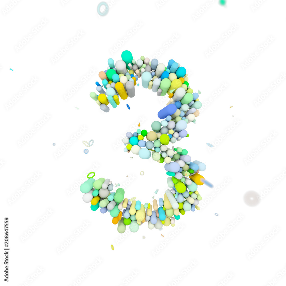 Fototapete alphabet number 3. funny font made of plastic geometric shapes. 3d render isolated on white backgrou
