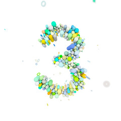 Alphabet number 3. Funny font made of plastic geometric shapes. 3D render isolated on white background.