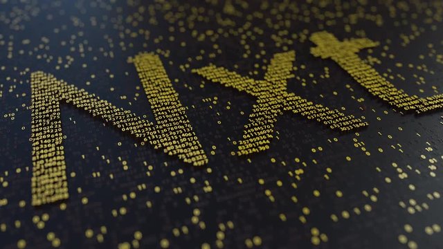 Nxt word made of moving golden numbers. Cryptocurrency mining or transactions related conceptual animation