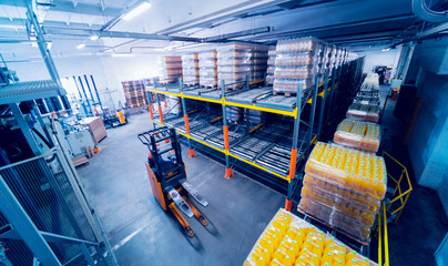 Warehouse at the beverages factory. Industrial background