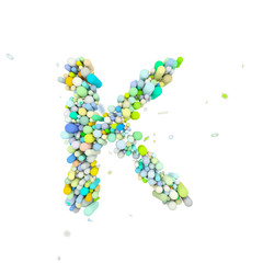 Alphabet letter K uppercase. Funny font made of plastic geometric shapes. 3D render isolated on white background.