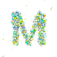 Alphabet letter M uppercase. Funny font made of plastic geometric shapes. 3D render isolated on white background.