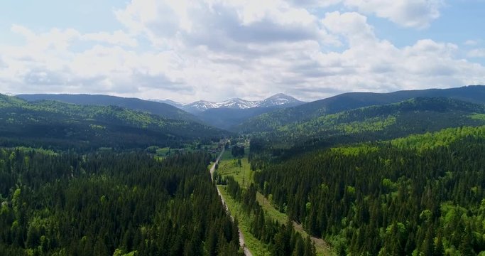 Aerial view of road to mountain Hoverla, Ukraine Carpathian mountains. Aerial view of beautiful Carpathian mountains in summer.