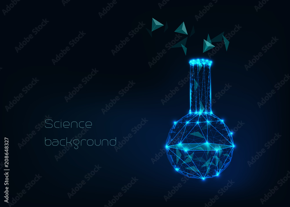 Wall mural scientific background with low poly wireframe beaker, tes tube and abstract tetrahedral structure co