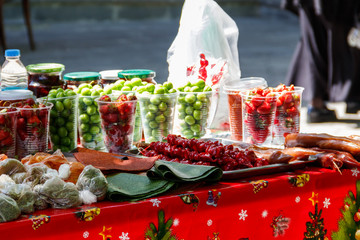 Georgian sweets and fruits on sale in small street market