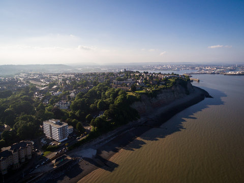 Aerial view of the cliff edge in Penarth. Penarth is a coastal town in South Wales, UK, near Cardiff the capital of Wales.