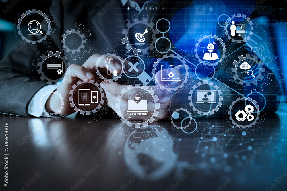 Aufkleber businessman hand using mobile phone with digital layer effect as business strategy concept
