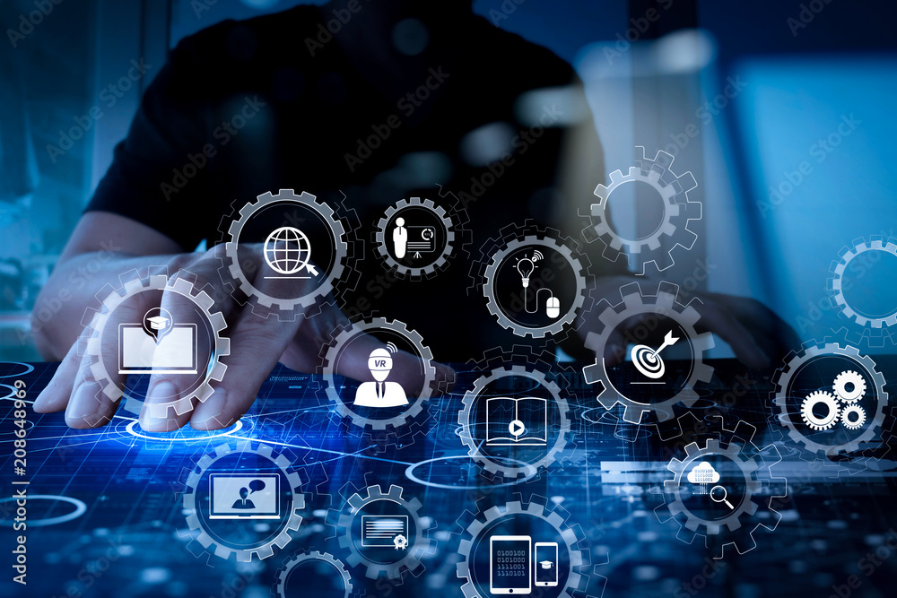Poster top view of businessman hand working with modern technology and digital layer effect as business strategy concept