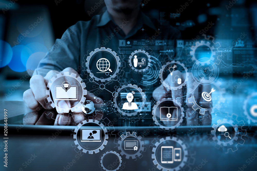 Aufkleber businessman hand working with modern technology and digital layer effect as business strategy concept