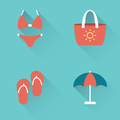 Flat beach holidays icons on blue background