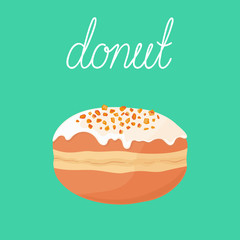 Filled deep fried cute yummy donut (doughnut) with orange zest and icing on top isolated on background. Polish, czech, german, israel cuisine. European cuisine. Vector hand drawn illustration. - 208649535