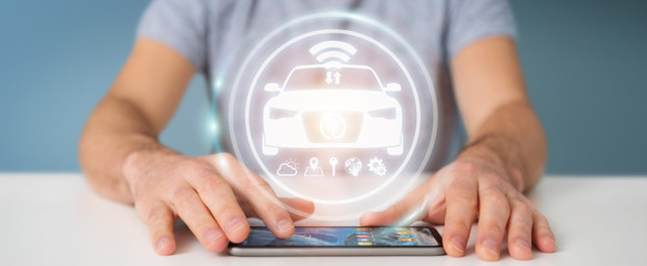 Businessman using modern smart car interface 3D rendering