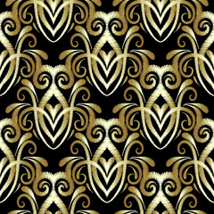Embroidery floral gold 3d damask seamless pattern