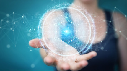Businesswoman using digital sphere connection hologram 3D rendering