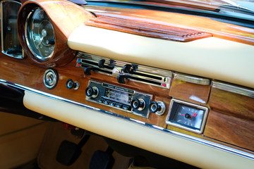 Obraz premium radio ,dashboard and interior of vintage car cockpit 