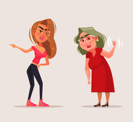 Young woman girl teen quarrel with grandmother mother character. Generation difference problems concept flat cartoon design graphic isolated illustration