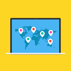 World map with pins. Laptop with map and tacks on screen. Modern flat design graphic elements. Vector illustration