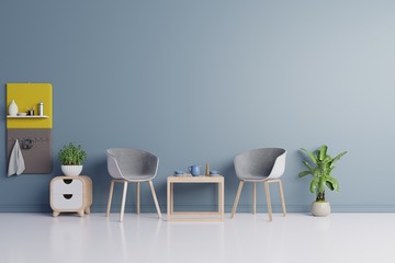 Living Room Interior with chair, plants, cabinet, on empty blue wall background,minimal design, 3D rendering