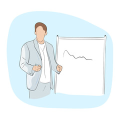 A man in business clothes holding a pointer and making presentation near whiteboard. Hand drawn cartoon. Reporting concept. Vector illustration.