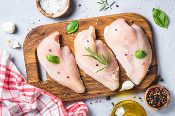 Raw chicken fillet with spices and herbs top view. - obrazy, fototapety, plakaty
