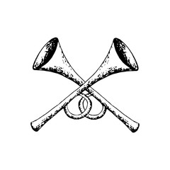 Two crossed musical trumpet hand drawn isolated on white