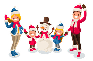 Merry Christmas card with snowman. Happy new year illustration. Family of isometric people cartoon. Winter flat vector design.
