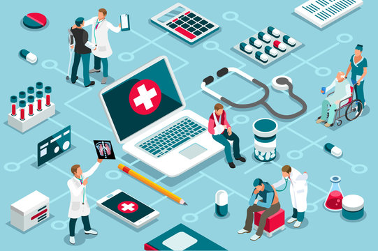 Treatment, clinic assistance on medicine services. Patient concept and clinic diagnosis. Patient assistance with healthcare technology. Infographics, banner. Flat images, vector illustration.