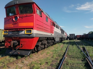 vintage diesel train red in the railway Park . engine, locomotive