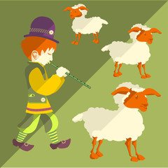 Shepherd and sheep. Vector illustration of a shepherd playing on a pipe.