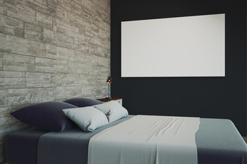 Modern bedroom with empty white billboard