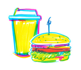 Cup of a takeaway hot beverage and a sandwich painted in highlighter felt tip pen on clean white background