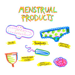 Collection of brightly colored feminine hygiene products: tampons, menstrual cups, pads, period panties and sea sponges. Modern set painted in highlighter felt tip pen on clean white background