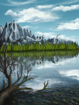 Reflections of snowy mountains with an old tree in the water, mountain scenery- Digital painting - Environment	