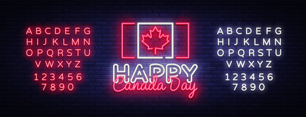 Happy Canada Day Greeting Card Design template modern trend style. Canadian Day Neon sign, light banner. 1 July Canadian Day. Vector illustration. Editing text neon sign