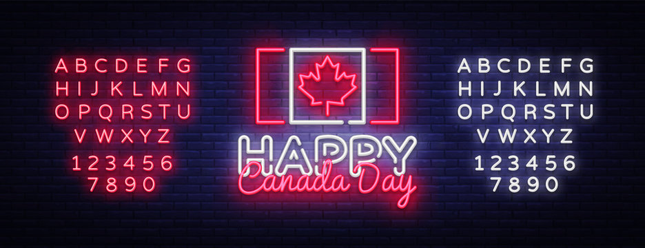 Happy Canada Day Greeting Card Design template modern trend style. Canadian Day Neon sign, light banner. 1 July Canadian Day. Vector illustration. Editing text neon sign